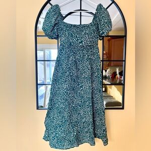 Forest Green Print Midi Dress Puff Sleeves Square Neck Cottagecore